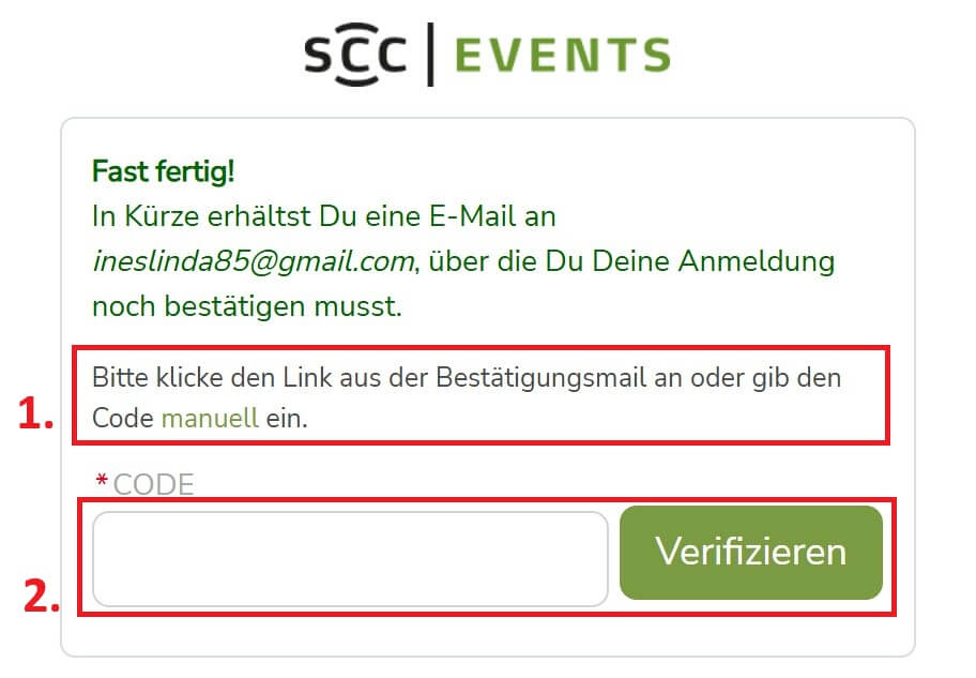 Erfolgsmeldung "Fast Fertig!" mit Markierung um beschriebene Elemente. Klick um Bild zu vergrößern (öffnet Dialog).