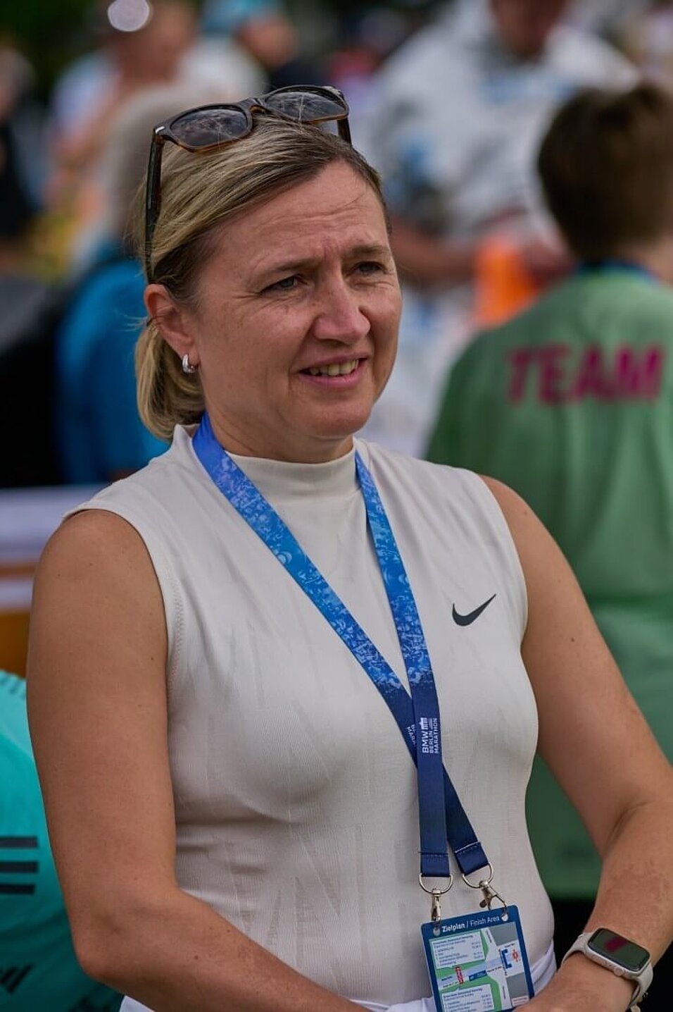 Irina Mikitenko, looking relaxed with her sunglasses pushed up on her head.