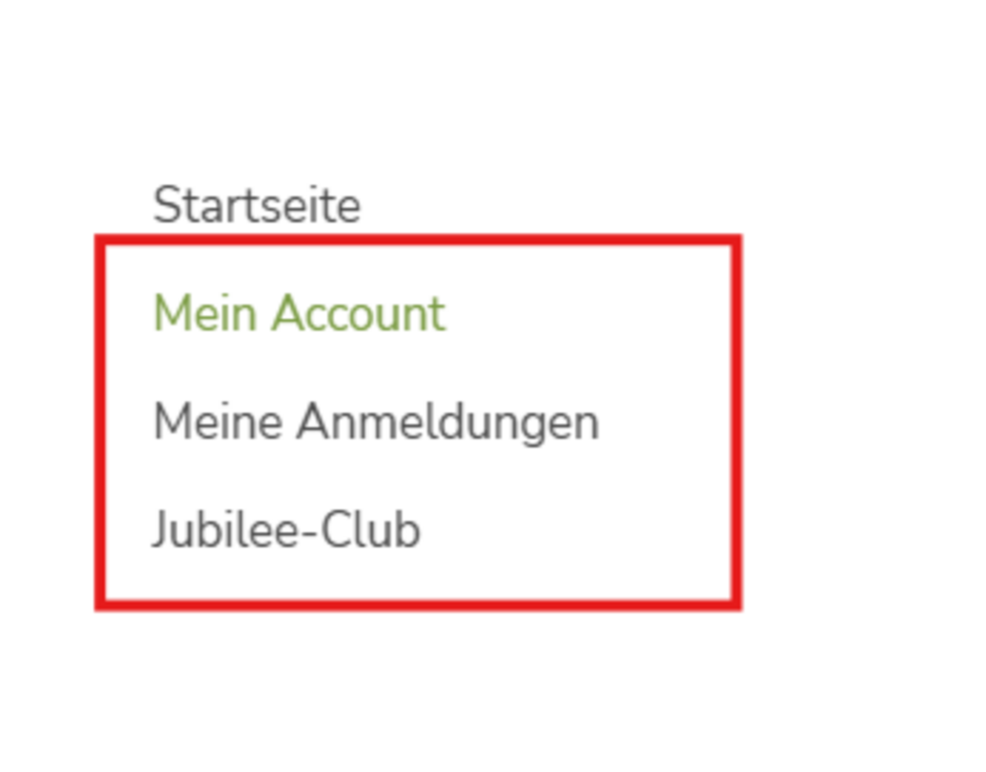 Navigationsmenü mit Optionen "Startseite", "Mein Account", "Meine Anmeldungen", "Jubilee-Club". Klick um Bild zu vergrößern (öffnet Dialog).