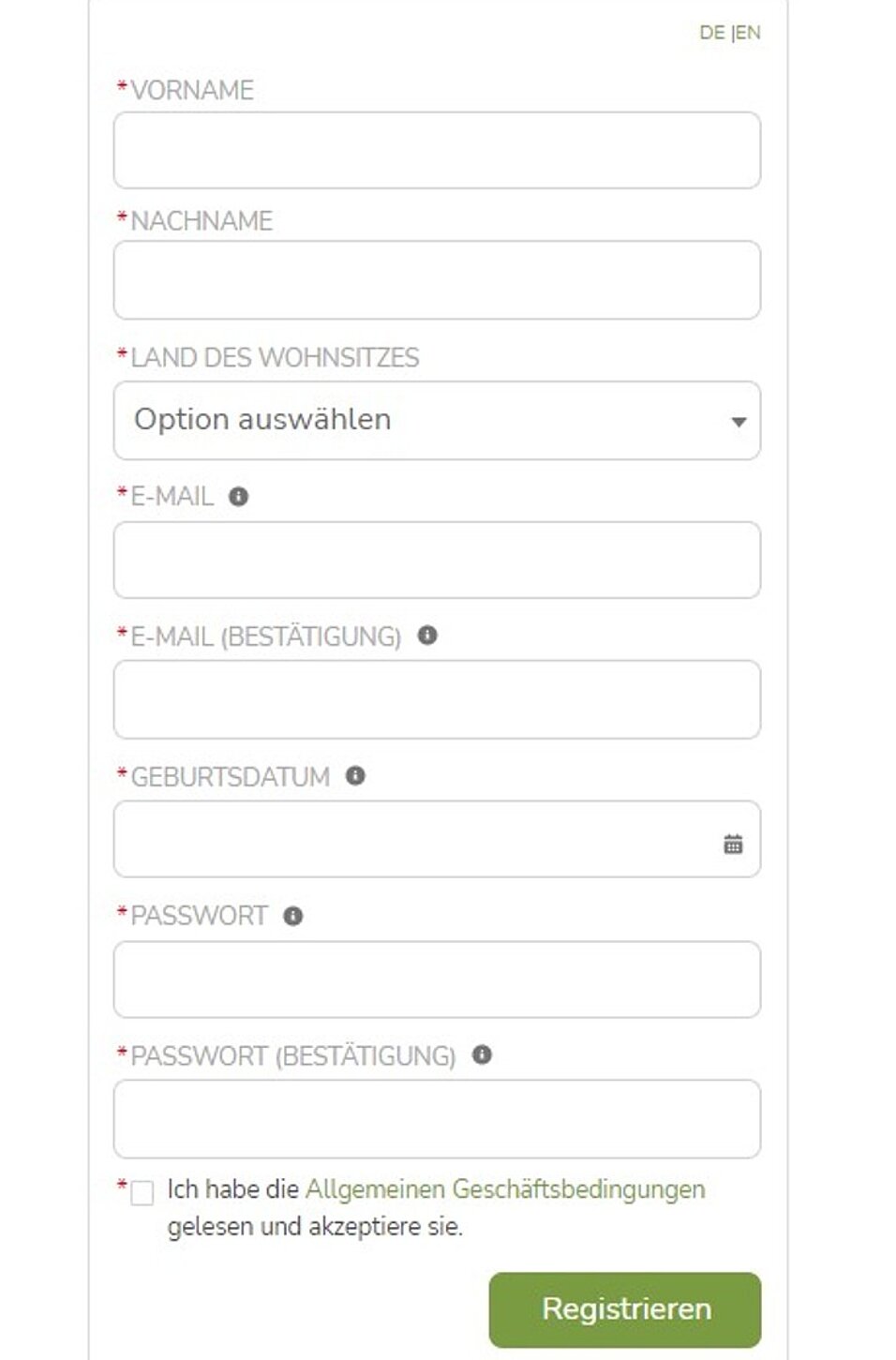 Registrierungsformular mit Feldern "Vorname", "Nachname", "Land des Wohnsitzes", "E-Mail", "Geburtsdatum", "Passwort". Klick um Bild zu vergrößern (öffnet Dialog).