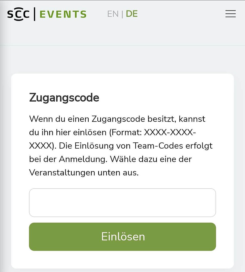 Eingabefeld für Zugangscodes. Klick um Bild zu vergrößern (öffnet Dialog).